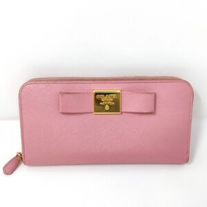 Prada Pink Saffiano Bow Zip Wallet with Gold Plaque Auth